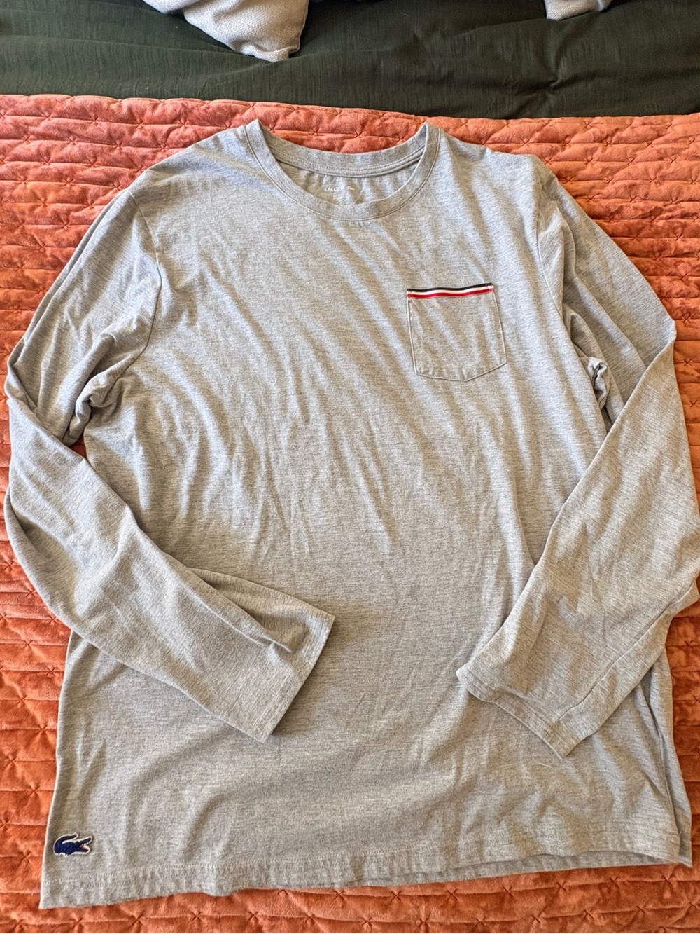 Lacoste Men's Long-Sleeve Crewneck Pocket Tee in Light Gray with Trim